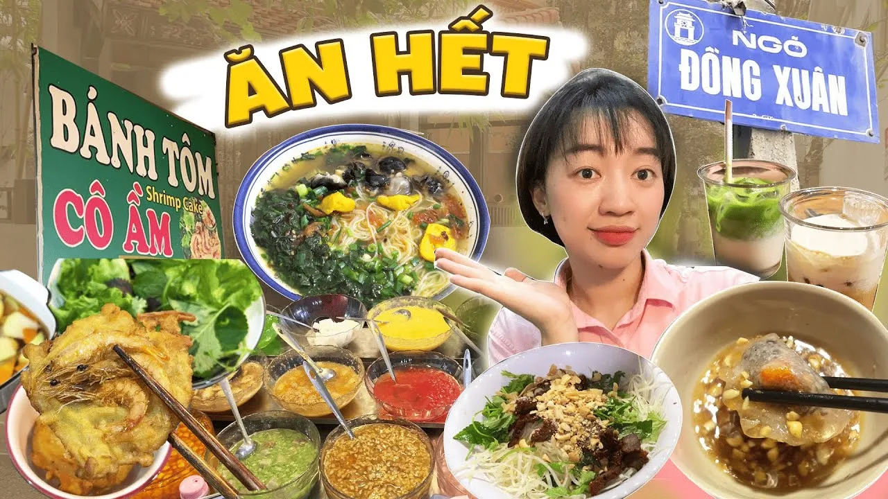 Con ngõ hẹp chợ Đồng Xuân tấp nập thực khách ra vào thưởng thức quà vặt)